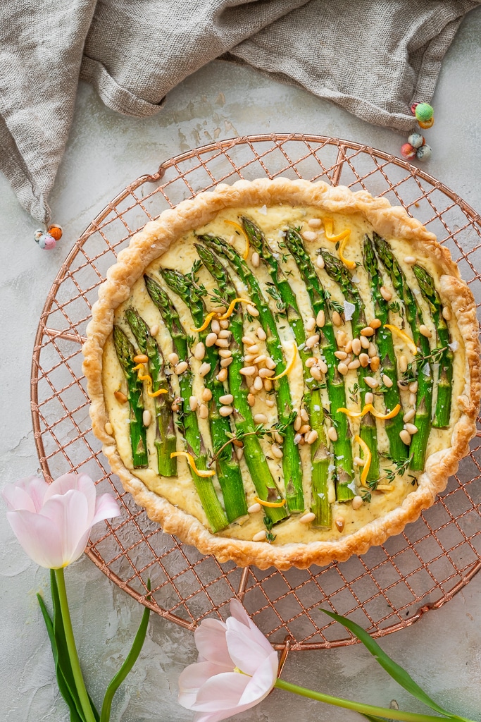 Puff Pastry Asparagus Tart on a copper cooling rack