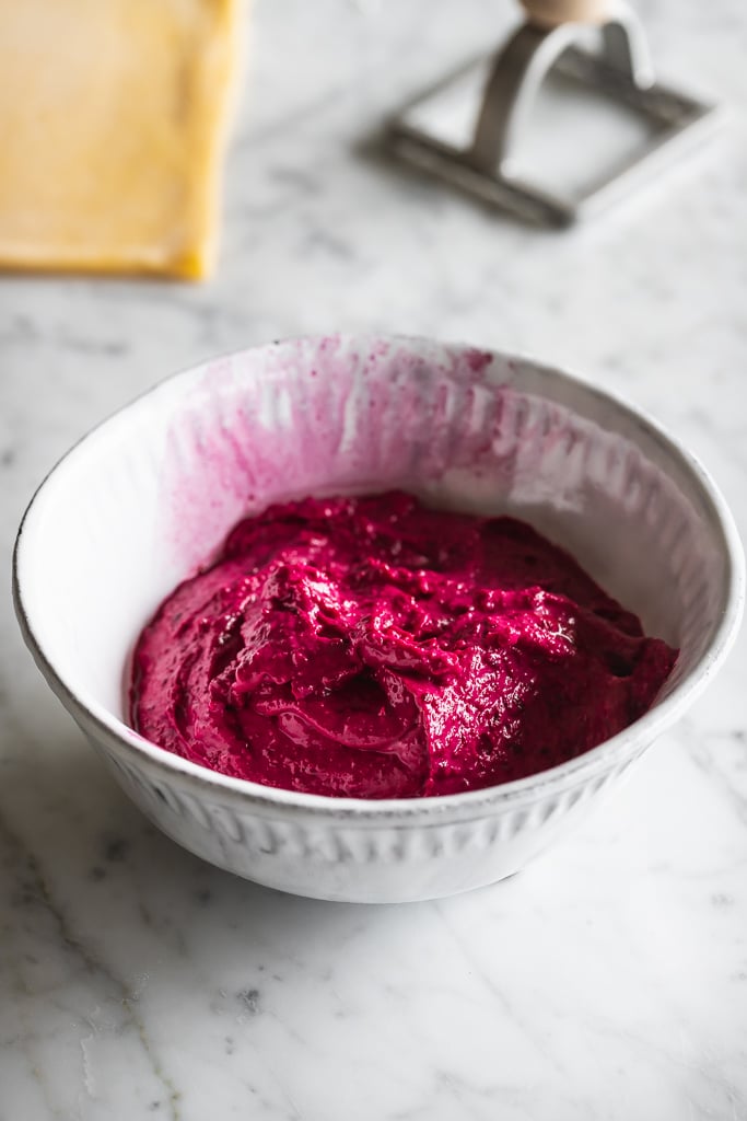 Bowl of beet and goat cheese filling for homemade ravioli