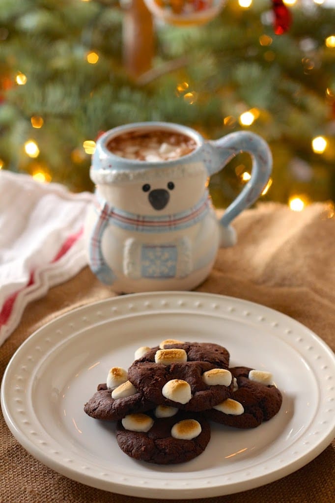 a plate of vegan chocolate crinkle cookies with mini marshmallows and a mug of hot chocolate