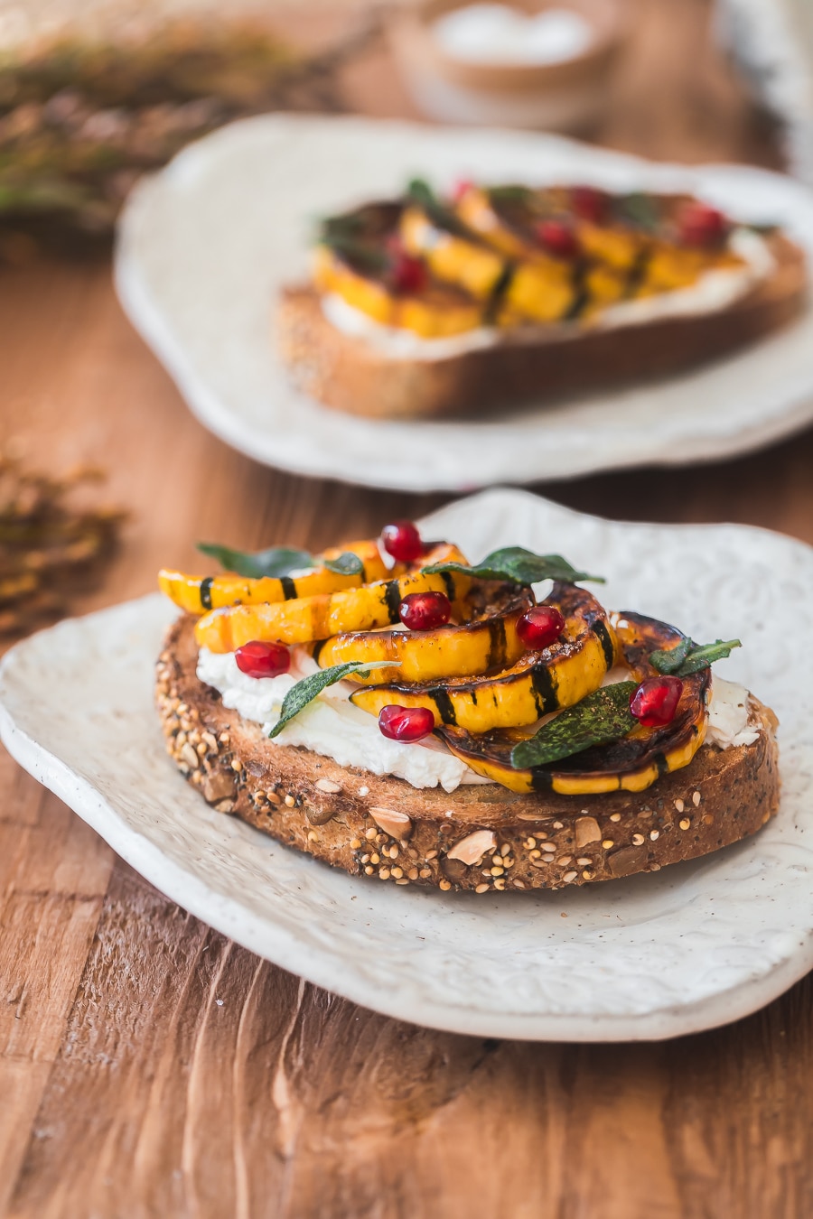 side view of a slice of toasted whole wheat bread topped with goat cheese, sliced roasted delicata squash, sage and pomegranate arils