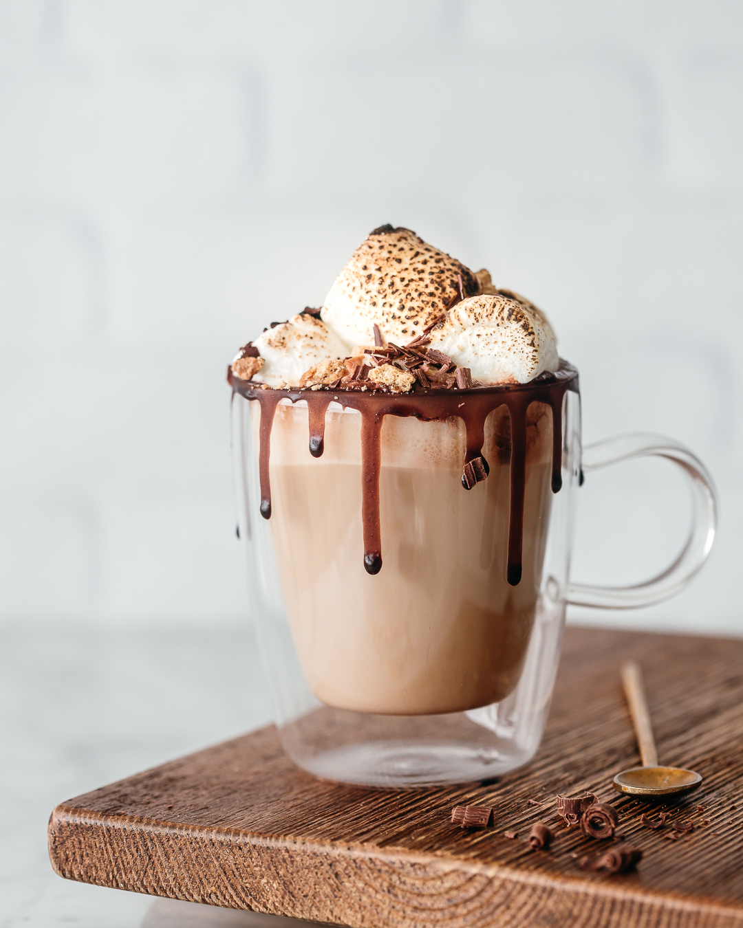 S'mores latte with toasted marshmallows and chocolate syrup