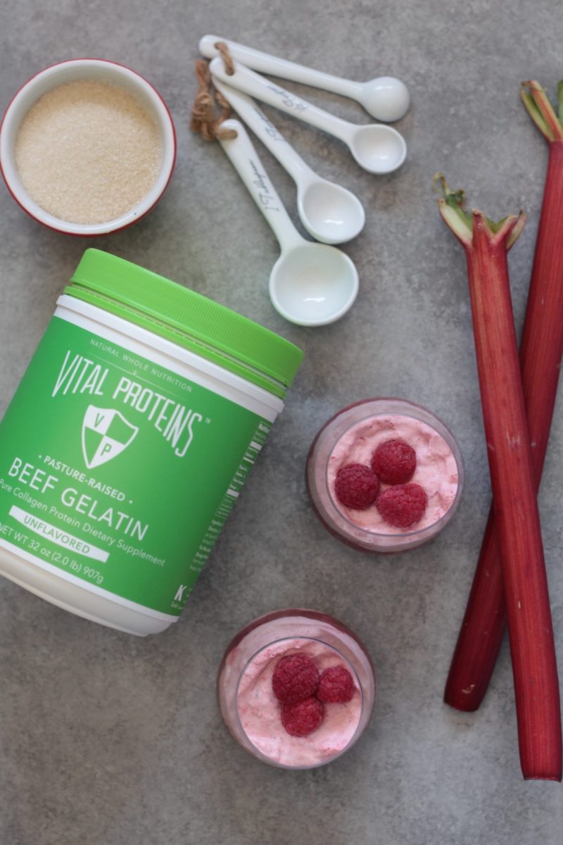 a container of collagen beef gelatin next to a Raspberry Rhubarb Mousse Parfait