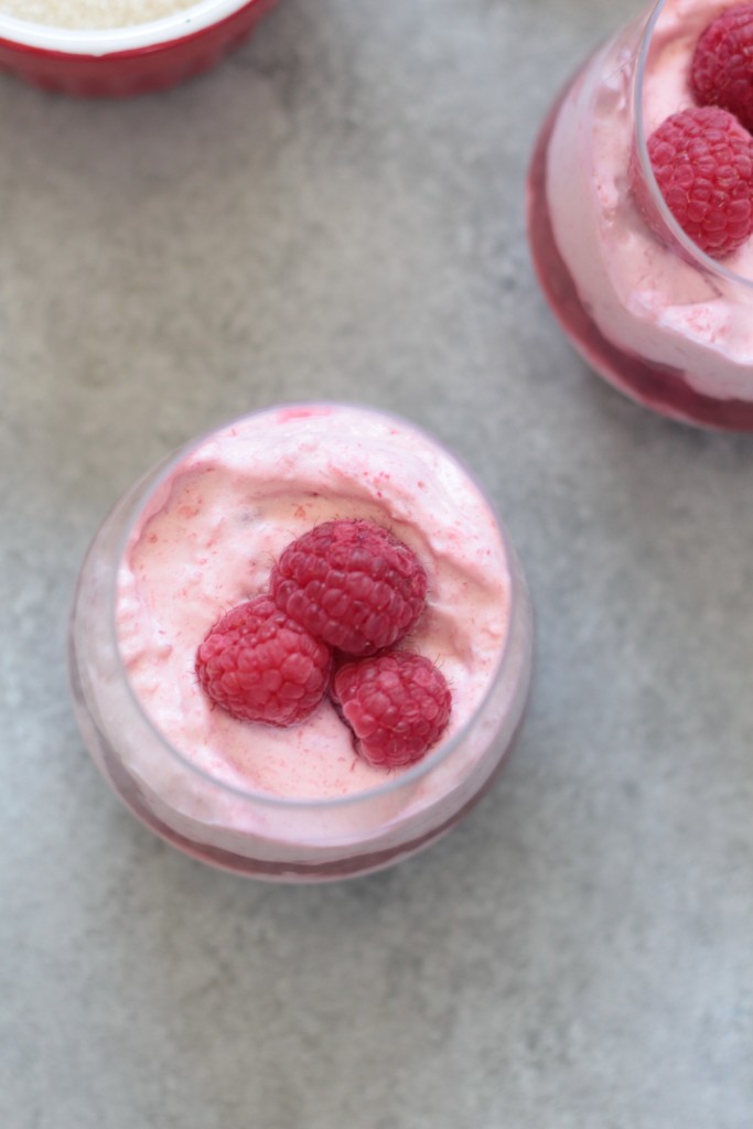 raspberry mousse overhead shot of Raspberry Rhubarb Mousse Parfaits topped with fresh raspberries