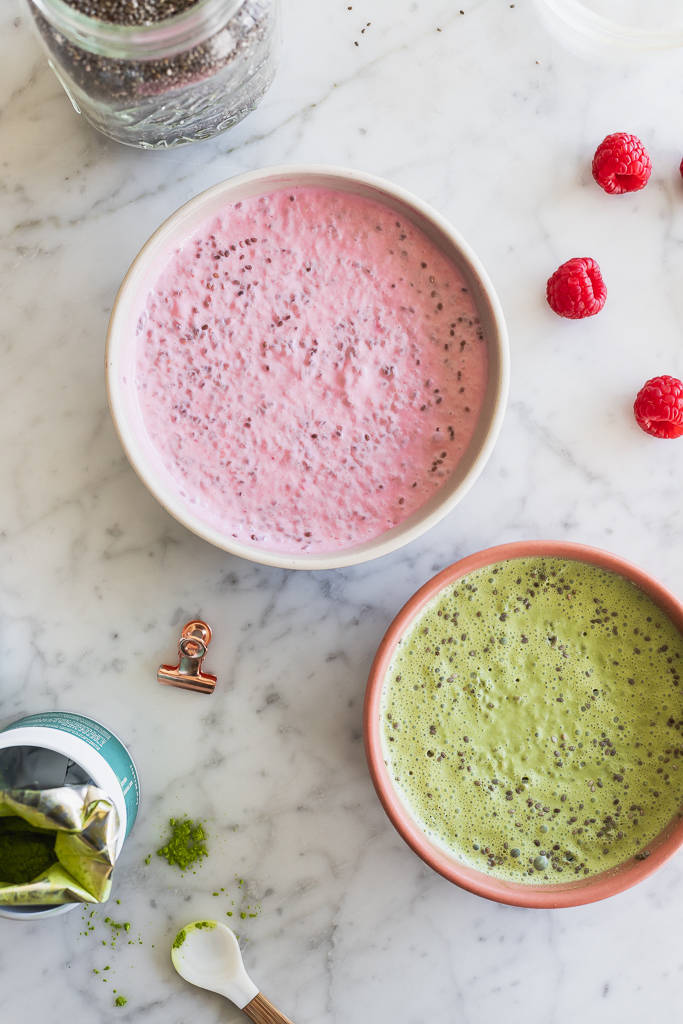 two bowls with homemade chia pudding - one with raspberry and one with matcha