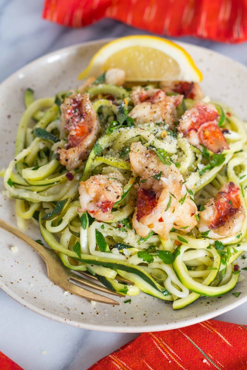 close-up of a serving of Zucchini Noodle Lobster Scampi