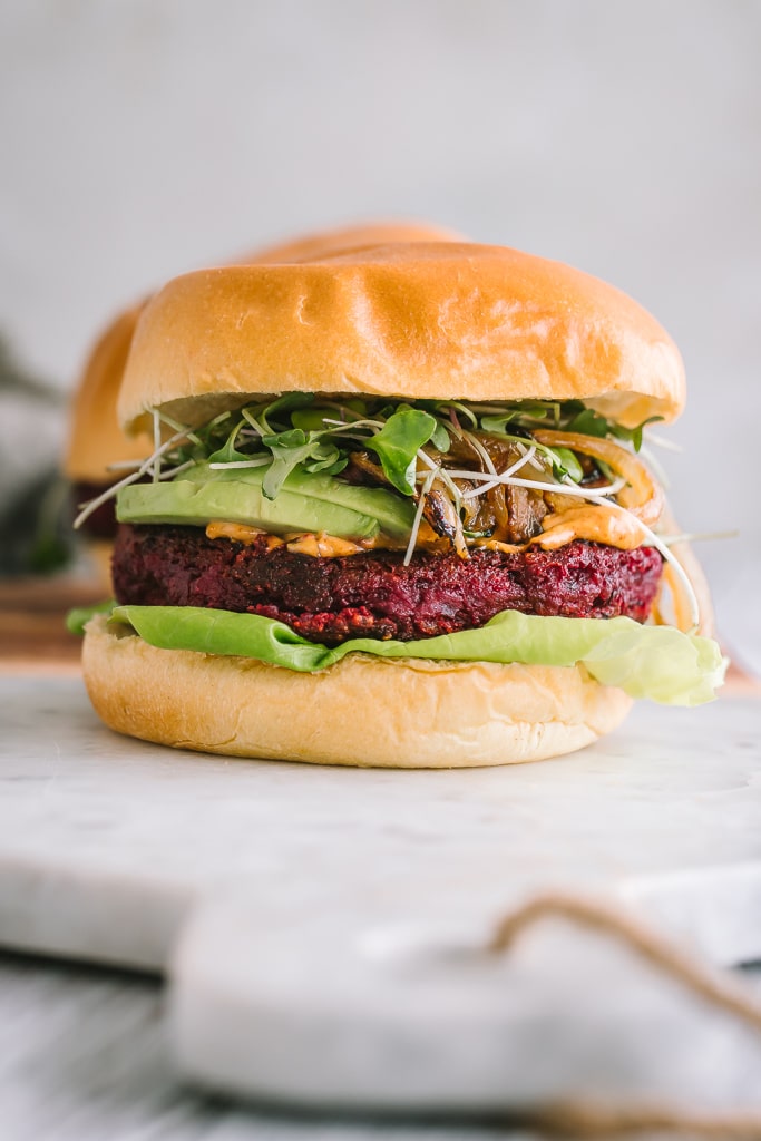 Beet Chickpea Burger on a marble board