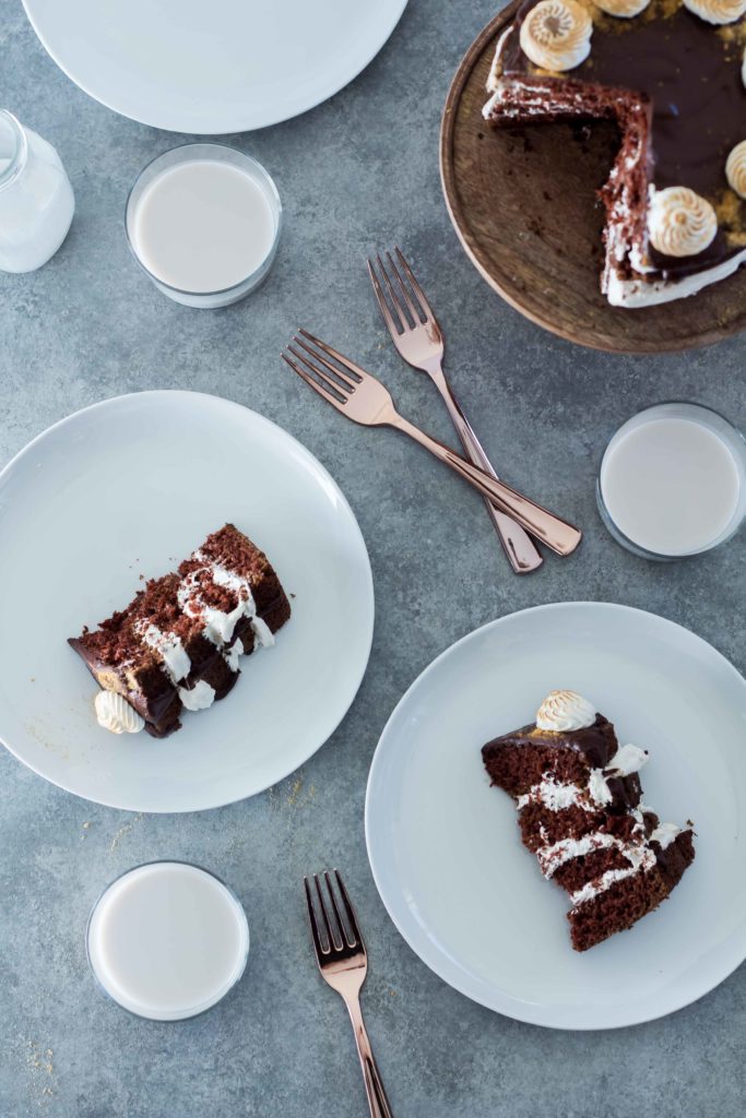overhead shot of two slices of Chocolate S'mores Cake on pale blue plates