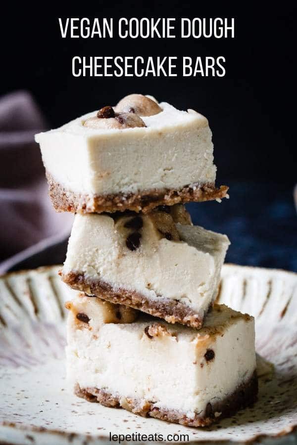 Vegan Cookie Dough Cheesecake Bars - these dessert bars have a silky smooth cheesecake filling made from cashews, studded with chocolate chip cookie dough bites and a pecan-based baked crust. A surprisingly healthy dessert!#vegandesserts, #cheesecakerecipes