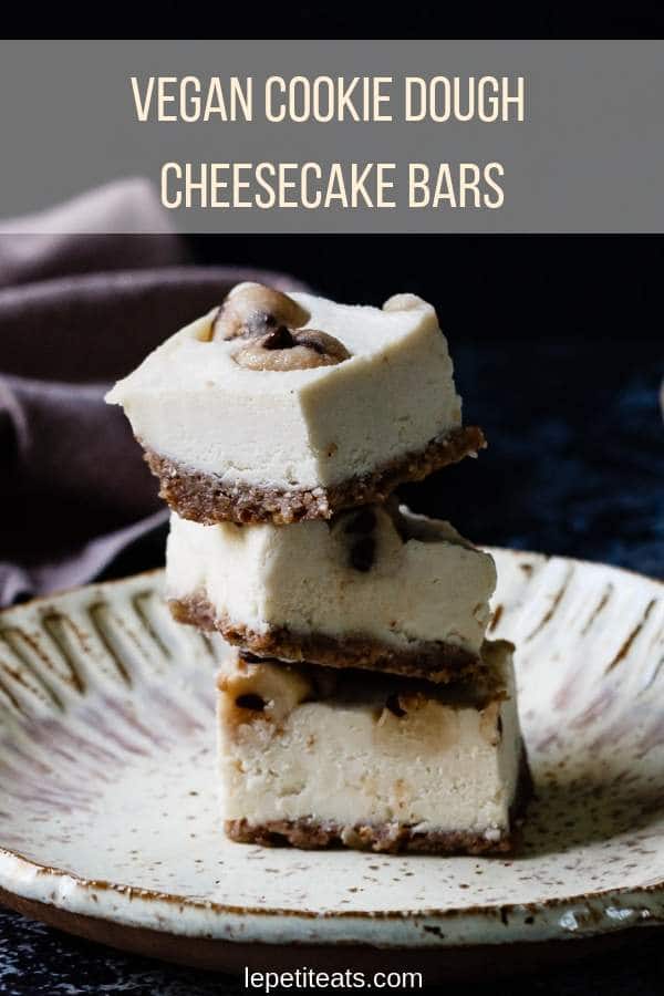 Vegan Cookie Dough Cheesecake Bars - these easy dessert bars have a rich cheesecake filling made from cashew nuts, studded with vegan chocolate chip cookie dough bites and a pecan crust. A surprisingly healthy dessert!#healthydesserts, #cheesecakerecipes