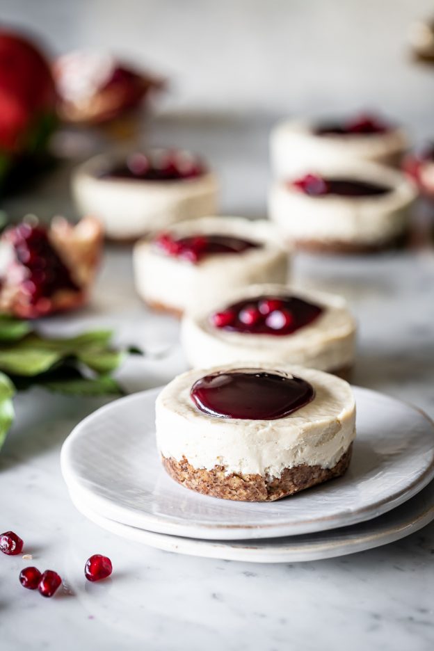 NoBake Vegan Vanilla Bean Pomegranate Mini Cheesecakes