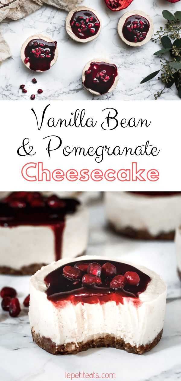 Vegan No-Bake Vanilla Mini Cheesecakes with Pomegranate Glaze - The no-bake cashew based filling is rich and creamy, and the pomegranate glaze is an easy yet festive touch! The perfect healthy dessert for the holidays! #vegan, #desserts