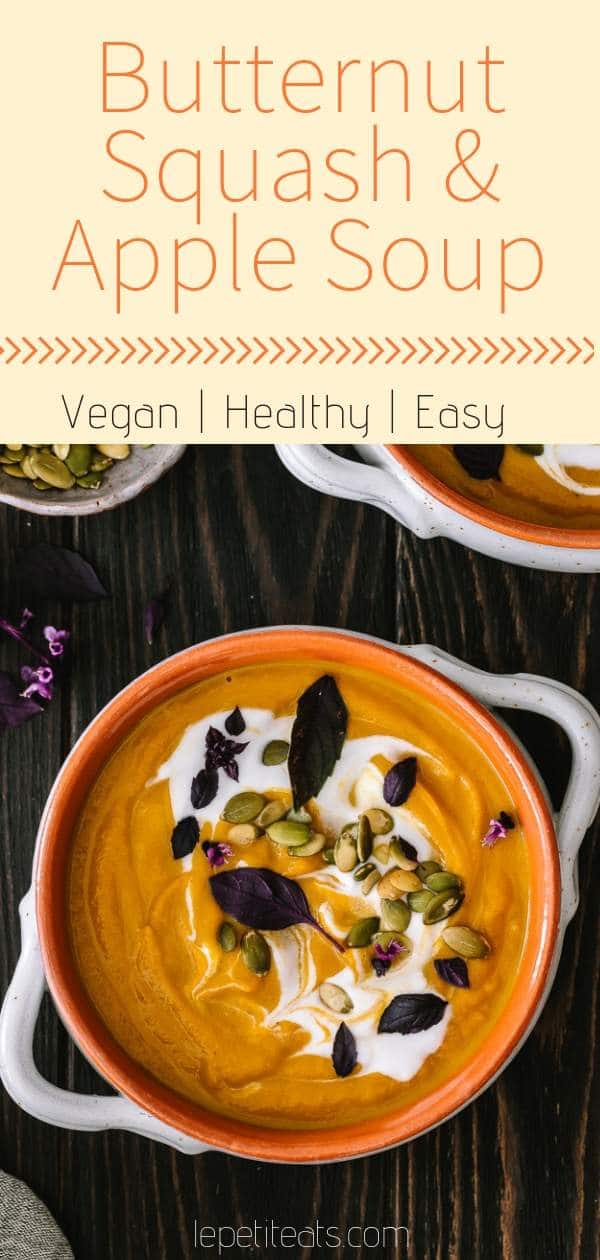 Vegan Butternut Squash and Apple Soup with Turmeric and Ginger - an easy healthy vegan soup recipe for fall and winter days #vegansouprecipes, #squashsoup