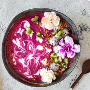 Pink Dragon Fruit Smoothie bowl with toppings