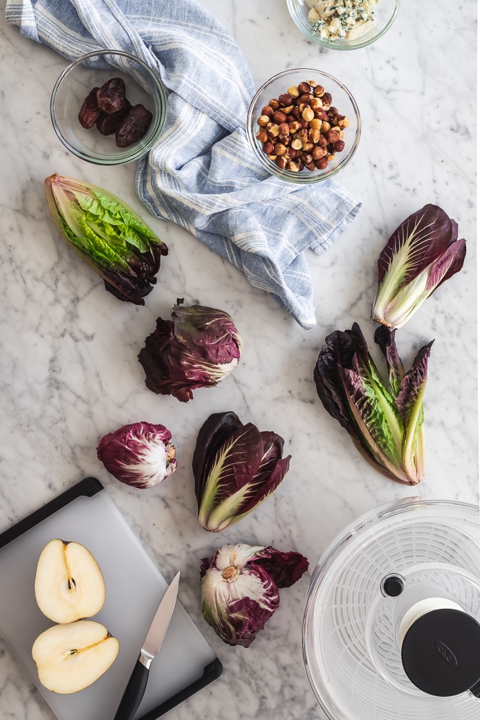 ingredients for chicory salad with grilled pears on a cutting board