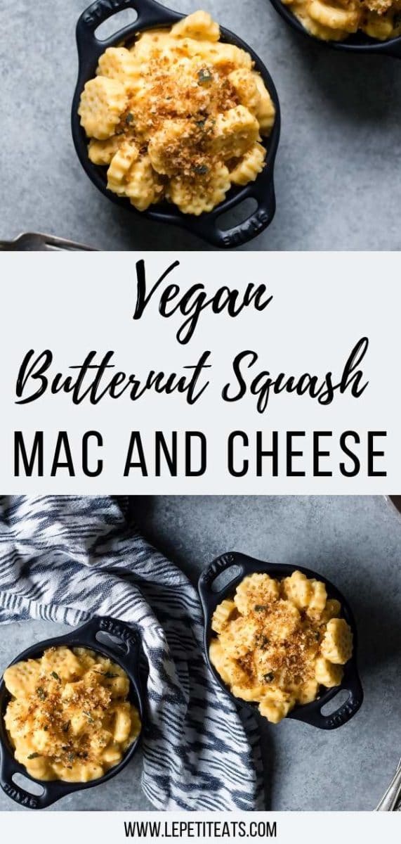 This Vegan Butternut Squash Mac and Cheese recipe features a silky butternut squash cashew cheese sauce and a crispy sage panko topping. The perfect easy meatless comfort food dinner - dairy-free yet so creamy #comfortfood, #veganrecipes