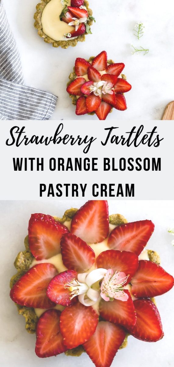 These Strawberry Tartlets are gluten-free and dairy-free; they feature a no-bake pistachio-almond crust, an orange blossom scented pastry cream and juicy strawberries. Perfect for Easter Brunch and Mother's Day #dessert #easterrecipes