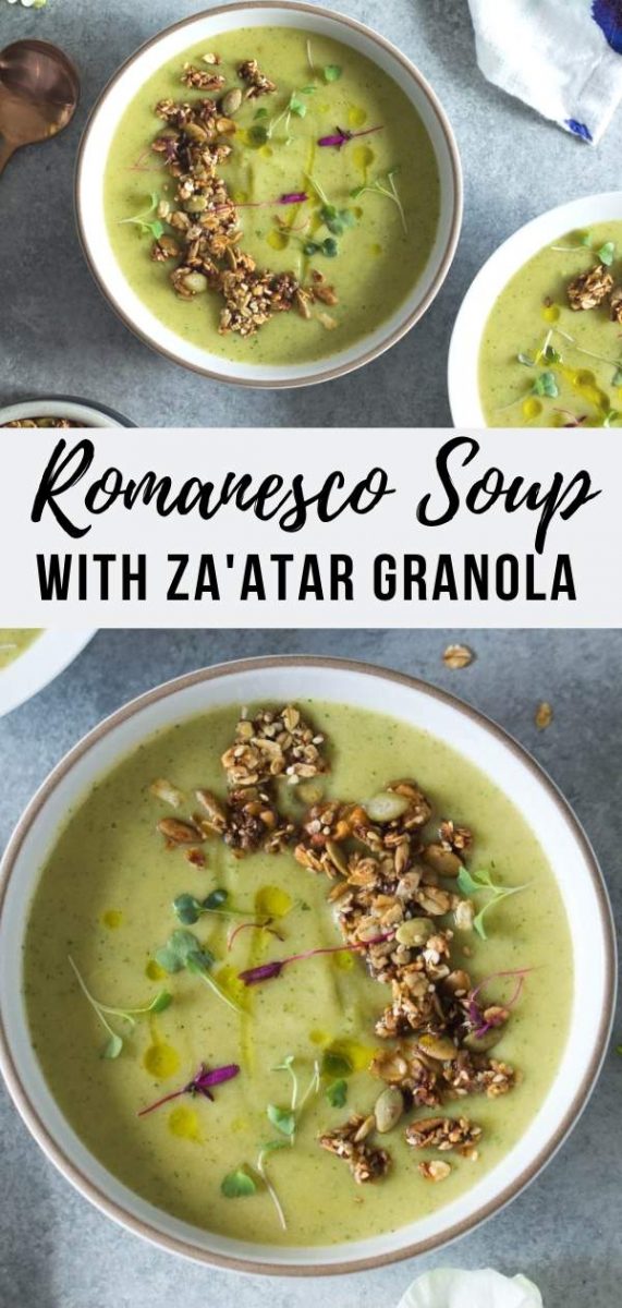 This easy creamy Romanesco Soup receives a hefty dose of flavor and added crunchy texture from the irresistible homemade za’atar granola that’s sprinkled on top. The perfect recipe for Easter dinner or Mother's Day using spring's best produce #souprecipe #cleaneating