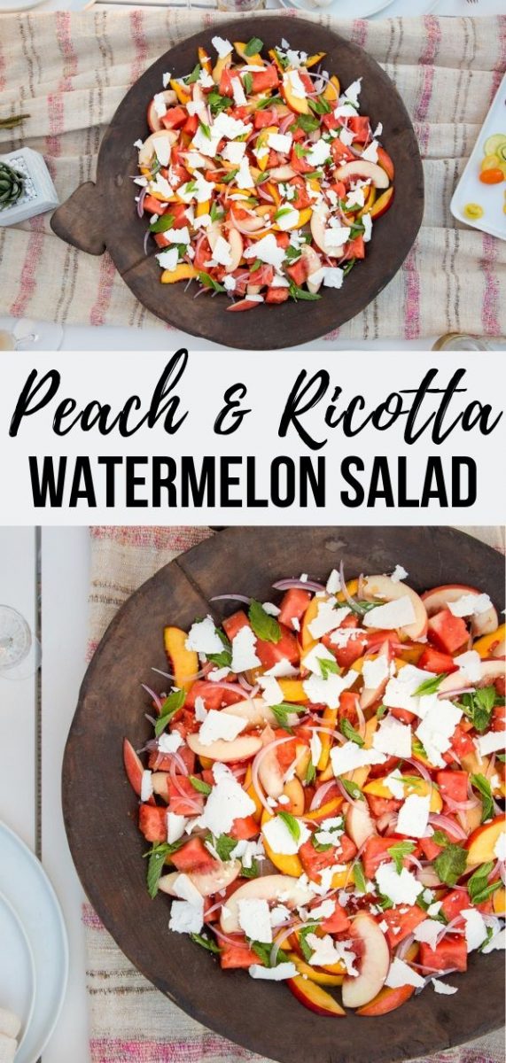Watermelon Peach Salad | This easy and refreshing Watermelon Peach Salad topped with mint and ricotta is perfect for bbqs a summer parties- between the vibrant colors and the delicate balance of flavors, it’s always a sure bet. Best of all, it barely requires a dressing. Just a simple drizzle of olive oil and a squeeze of lemon juice is all that’s required to enhance the flavors. #simplerecipes #salad #fruitsalad #bbq #side