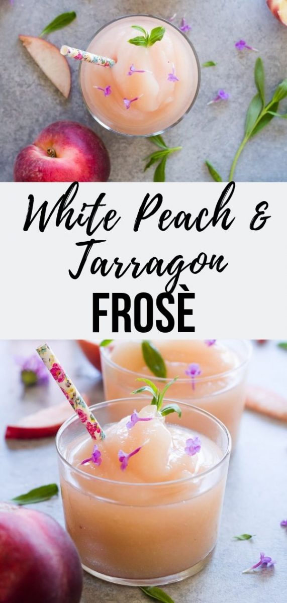 One sip of this White Peach Frosè and it will become your official drink of the summer! A tarragon simple syrup elevates this cocktail in the most subtle way. #cocktail #summerrecipes #brunch #drinks