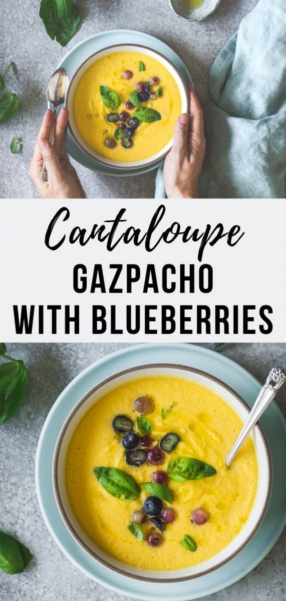 Make a batch of this easy Cantaloupe Gazpacho this summer to stay cool as a cucumber. Made with melon, cucumber, lime and olive oil and topped with basil and blueberries, it's the perfect mix of sweet and savory and the perfect light lunch on a hot day. Can also be served as a cold appetizer for a dinner party #appetizer #soup #gazpacho #easyrecipes