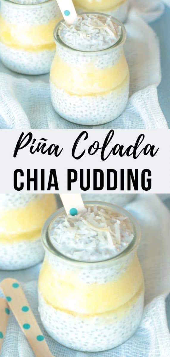Piña Colada Chia Pudding layers Greek yogurt chia pudding with frozen pineapple puree topped off with toasted coconut for a tropical start to your day! The perfect recipe for your healthy meal prep #dessert #breakfast #mealprep #healthyrecipes #chiapudding