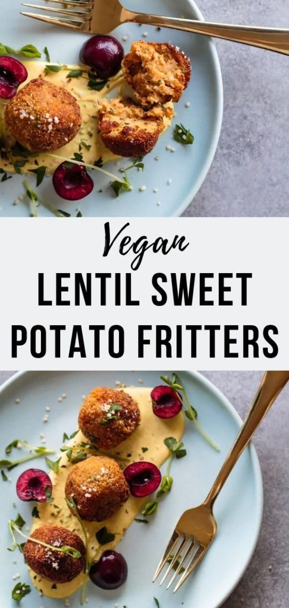 #ad Vegan Lentil Sweet Potato Fritters paired with a seriously addictive curried cashew cream sauce. Your new favorite way to use split red lentils! #veganrecipes #appetizers #lentilrecipes #plantbased