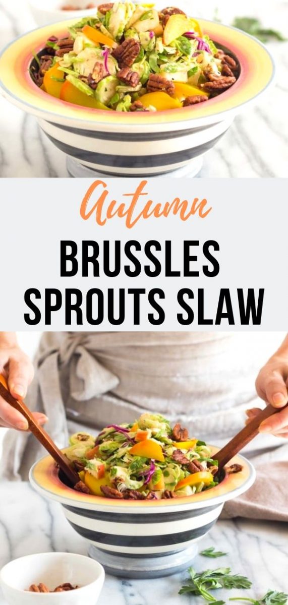 This crisp Healthy Autumn Brussels Sprout Slaw is tossed in a sweet apple vinaigrette and has all the fall flavors you crave. The best clean eating and low carb side dish for your Thanksgiving table #cleaneating #glutenfree #saladrecipes #sugarfree #lowcarb 