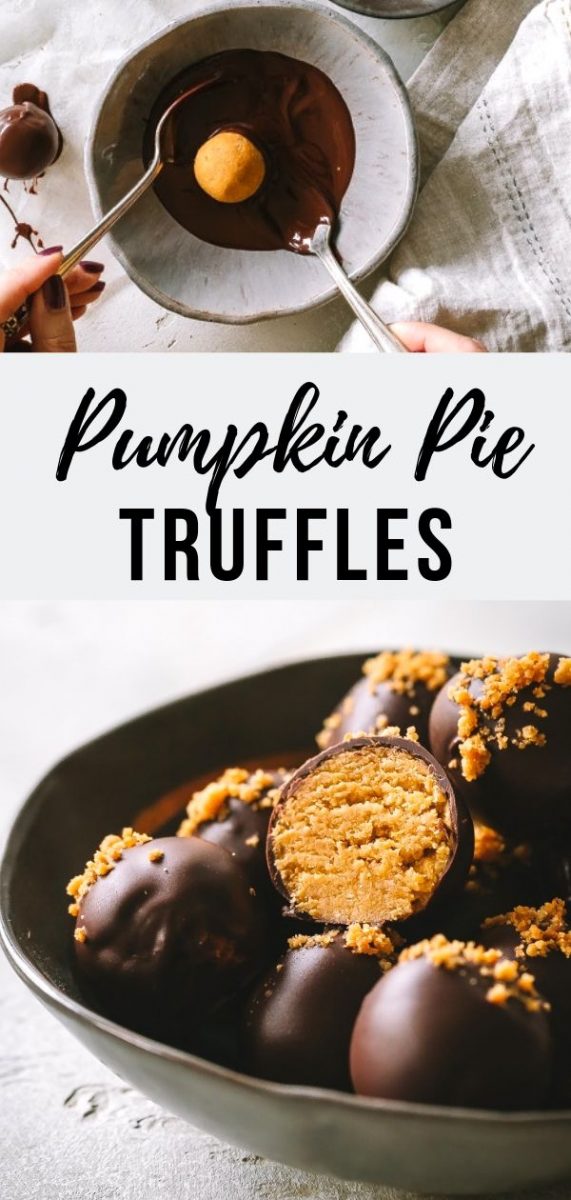 These easy homemade pumpkin pie truffles are perfect for when you're craving all the flavors of pumpkin pie but don't actually want to go to the trouble of making an entire pie! These are made with pumpkin puree, white chocolate and graham cracker crumbs and of course pumpkin spice! They make the perfect food gift for the holidays. Bring them to a Thankgiving Party #thanksgiving #pumpkinpie #truffles #candy 