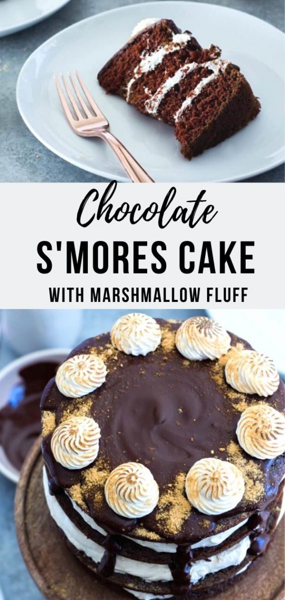 S’mores Cake – an indulgent layer cake that bring us back to our favorite campfire treat. A moist chocolate cake layered with homemade marshmallow fluff, graham cracker crumbs and a dark chocolate ganache for a stunning decoration. Perfect for special occasions like a birthday, Christmas, a Wedding or Valentine’s Day. #chocolatecake #cakerecipes #smores #holidaybaking #layercake