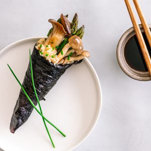 Brown Rice Vegetable Hand Roll with soy sauce