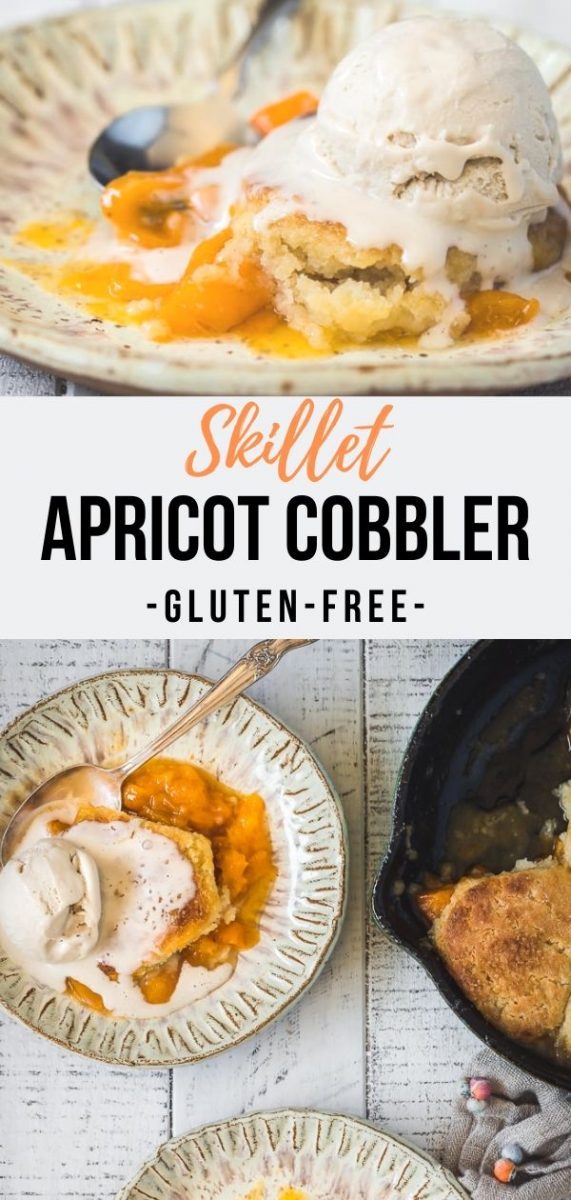 This Apricot Skillet Cobbler features a simple yet impressive gluten free biscuit dough, and tastes best when topped with a scoop of creamy vanilla ice cream. The ultimate summer stone fruit dessert.  #dessert #oneskillet #onepan #cobbler #summerdessert
