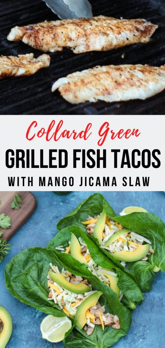 Collard green wraps make this grilled fish tacos recipe one of the healthiest Mexican-inspired dinners around. Topped with a bright, crunchy, sweet mango-jicama slaw these are the light and healthy way to get your grilling on this summer!  #5demayo #lowcarbrecipes #tacos #grilledfish #fishtacos 