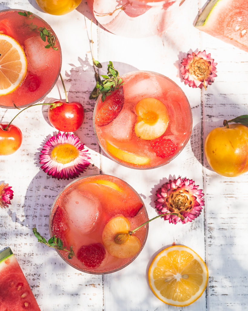 sugarfree watermelon rose sangria with stone fruit and strawberries