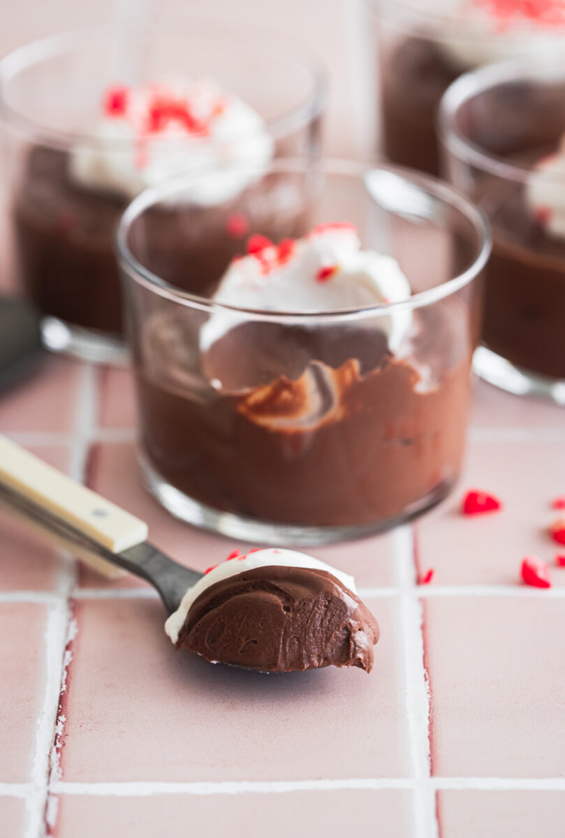 closeup of a spoonful of chocolate peppermint mousse