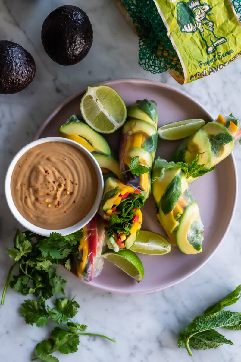 aerial view of avocado summer rolls with mango, mint and lime on a light pink ceramic platter with a side of peanut dipping sauce in a white bowl